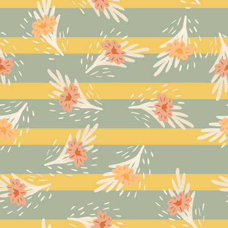 Seamless pattern with bouquets of small flowers on green yellow striped background. Vector floral template in doodle. Gentle summer botanical texture for fabric, wrapping paper, fills, wallpaper.のイラスト素材