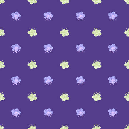 Seamless pattern spring plants on purple background. Vector floral template in doodle style with flowers. Abstract summer floral texture for fabric, wrapping paper, wallpaper.のイラスト素材