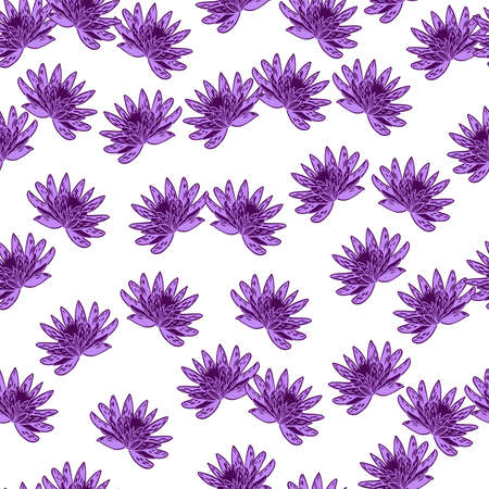 Seamless pattern with hand drawing lotus on white background. Vector purple template in doodle style. Gentle summer botanical texture for fabric, wrapping paper, wallpaper.のイラスト素材