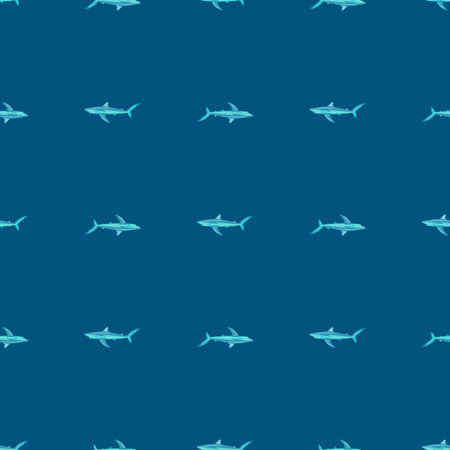 Seamless pattern Blue shark on dark blue background. Texture of marine fish for any purpose. Geometric template for textile fabric design. Simple vector ornament.のイラスト素材
