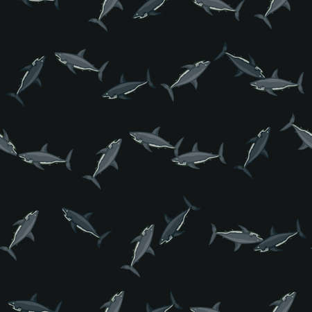 Seamless pattern shark on black background. Texture of marine fish for any purpose. Random template for textile fabric design. Simple vector ornament.のイラスト素材