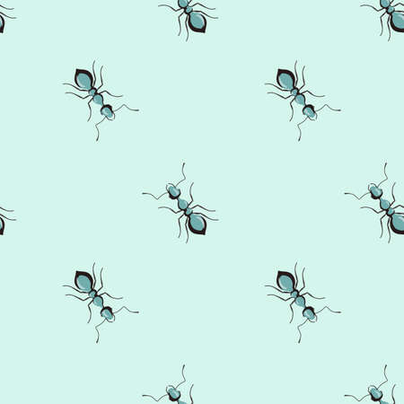 Seamless pattern colony ants on mint background. Vector insects template in flat style for any purpose. Modern animals texture for fabric, wrapping paper, wallpaper, tissue, illustration.のイラスト素材