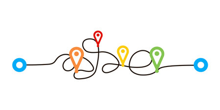 Confusing paths routes isolated on white background. Transport tracking, travel, map pins, location pins. Business graph, psychotherapy, on the way to the goal. Vector illustration.のイラスト素材