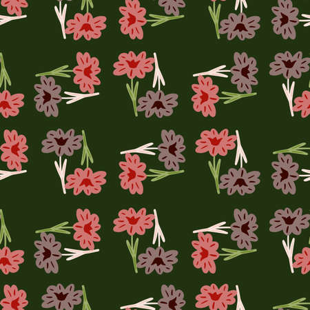 Seamless pattern with hand drawing wild flowers on green background. Vector floral template in doodle style. Gentle summer botanical texture for fabric, wrapping paper, wallpaper.のイラスト素材