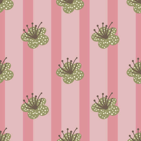 Seamless pattern spring plants on pink striped background. Vector floral template in doodle style with flowers. Gentle summer floral texture for fabric, wrapping paper, wallpaper.のイラスト素材