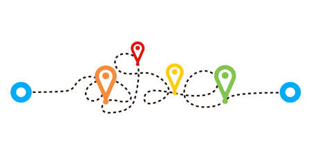 Confusing dashed paths routes isolated on white background. Transport tracking, travel, map pins, location pins. Business graph, psychotherapy, on the way to the goal. Vector illustration.のイラスト素材