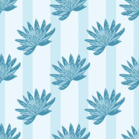 Seamless pattern with hand drawing lotus on striped blue background. Vector floral template in doodle style. Gentle summer botanical texture for fabric, wrapping paper, wallpaper.のイラスト素材