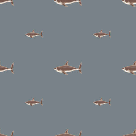Seamless pattern shark on gray background. Texture of brown marine fish for any purpose. Geometric template for textile fabric design. Simple vector ornament.のイラスト素材