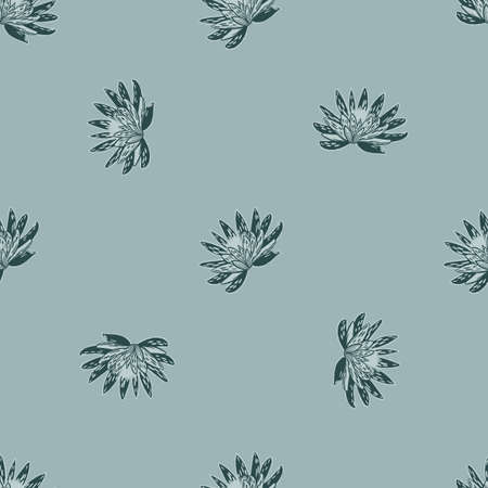 Seamless pattern with hand drawing lotus on blue background. Vector floral template in doodle style. Gentle summer botanical texture for fabric, wrapping paper, wallpaper.のイラスト素材