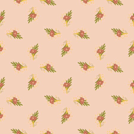 Seamless pattern with bouquets of small flowers on pastel pink background. Vector floral template in doodle style. Gentle summer botanical texture for fabric, wrapping paper, fills, wallpaper.のイラスト素材