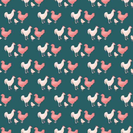 Seamless pattern of chicken family. Domestic animals on colorful background. Vector illustration for textile prints, fabric, banners, backdrops and wallpapers.のイラスト素材