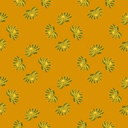 Seamless pattern with hand drawing lotus on yellow background. Vector floral template in doodle style. Gentle summer botanical texture for fabric, wrapping paper, wallpaper.のイラスト素材