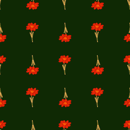 Seamless pattern with hand drawing wild flowers on dark green background. Vector floral template in doodle style. Gentle summer botanical texture for fabric, wrapping paper, wallpaper.のイラスト素材