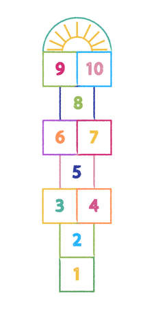 Hopscotch kid activity game isolated on white background. Design children games drawn colored crayons in which play outside. Vector illustration.のイラスト素材