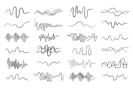 Set sound waves isolated on white background. Several kinds of forms music audio frequency,...