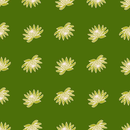 Seamless pattern with hand drawing lotus on green background. Vector floral template in doodle style. Gentle summer botanical texture for fabric, wrapping paper, wallpaper.のイラスト素材