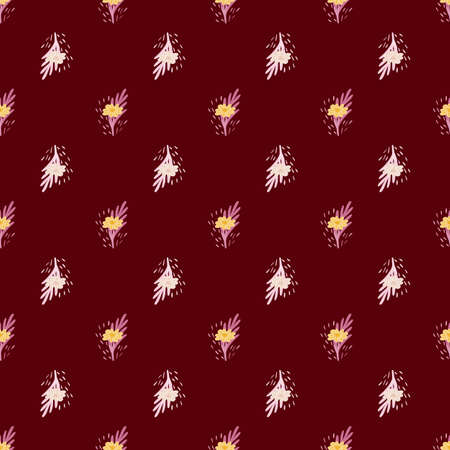 Seamless pattern with bouquets of small flowers on dark red background. Vector floral template in doodle style. Gentle summer botanical texture for fabric, wrapping paper, fills, wallpaper.のイラスト素材