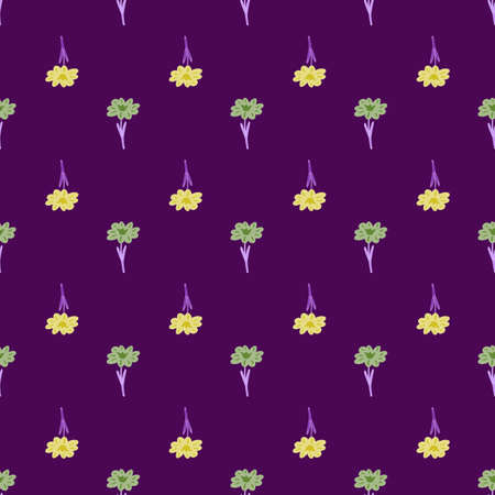 Seamless pattern with hand drawing wild flowers on purple background. Vector floral template in doodle style. Gentle summer botanical texture for fabric, wrapping paper, wallpaperのイラスト素材