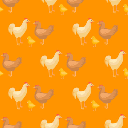 Seamless pattern of chicken family. Domestic animals on colorful background. Vector illustration for textile prints, fabric, banners, backdrops and wallpapers.のイラスト素材