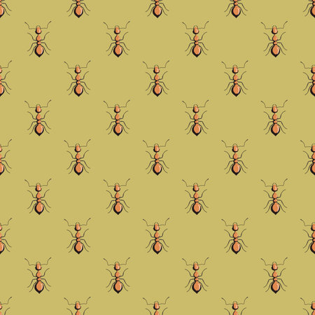Seamless pattern colony ants on green background. Vector insects template in flat style for any purpose. Modern animals texture for fabric, wrapping paper, wallpaper, tissue, illustration.のイラスト素材