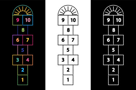Set hopscotch kids activity games. Design children games drawn colored crayons and chalk in which play outside. Hopscotch on black and white background. Vector illustration.のイラスト素材