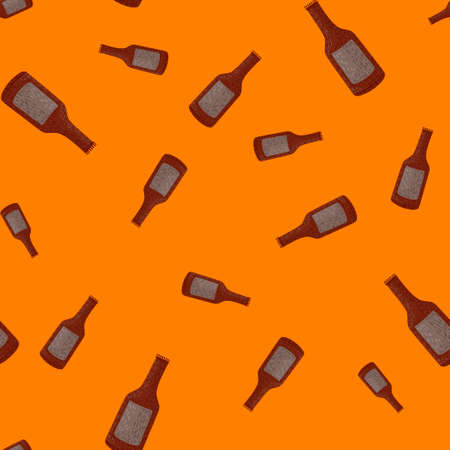 Bottle alcohol seamless pattern. Hand drawn background for menu. Repeated texture in doodle style for fabric, wrapping paper, wallpaper, tissue. Vector illustration.のイラスト素材
