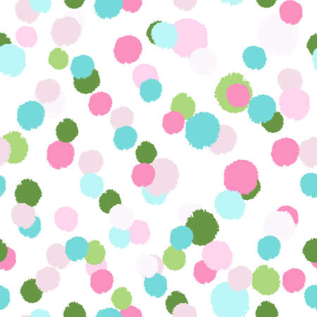 Pom poms of seamless pattern. Hand drawn cute background. Repeated texture in doodle style for fabric, wrapping paper, wallpaper, tissue. Vector illustration.のイラスト素材