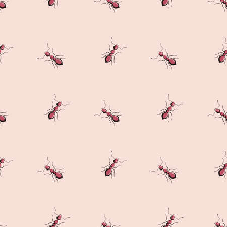 Seamless pattern colony ants on light pink background. Vector insects template in flat style for any purpose. Modern animals texture for fabric, wrapping paper, wallpaper, tissue, illustration.のイラスト素材