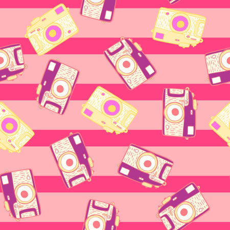 Photo camera vintage seamless pattern. Retro photo cameras design. Repeated texture in doodle style...