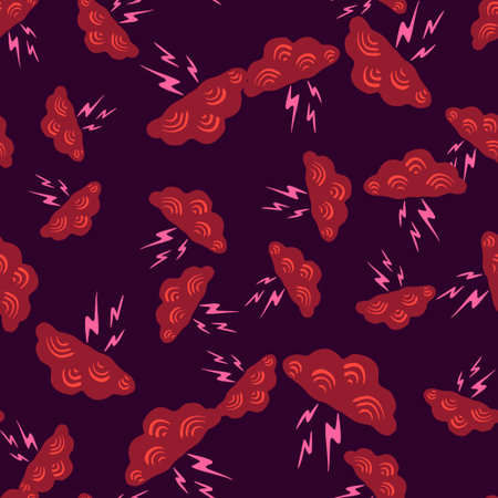Clouds with lightning of seamless pattern. Cute hand drawn background. Repeated texture in doodle...
