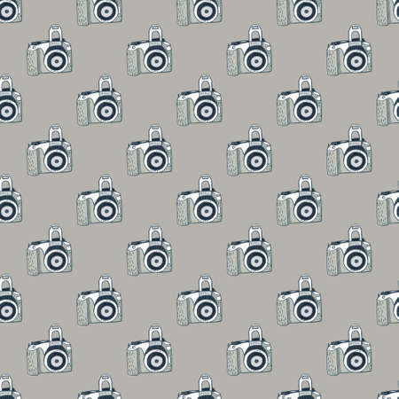 Photo camera vintage seamless pattern. Retro photo cameras design. Repeated texture in doodle style for fabric, wrapping paper, wallpaper, tissue. Vector illustration.のイラスト素材