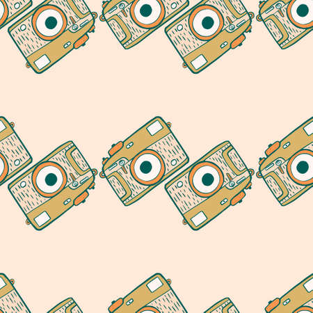 Photo camera vintage seamless pattern. Retro photo cameras design. Repeated texture in doodle style for fabric, wrapping paper, wallpaper, tissue. Vector illustration.のイラスト素材