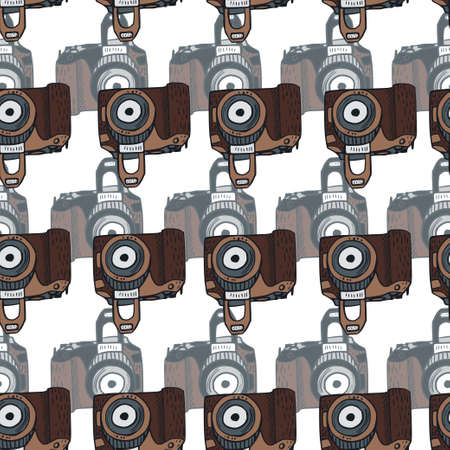 Photo camera vintage seamless pattern. Retro photo cameras design. Repeated texture in doodle style for fabric, wrapping paper, wallpaper, tissue. Vector illustration.のイラスト素材