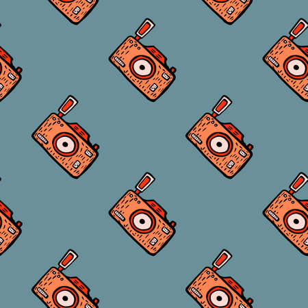 Photo camera seamless pattern. Cute vintage cameras background. Repeated texture in doodle style for fabric, wrapping paper, wallpaper, tissue. Vector illustration.のイラスト素材
