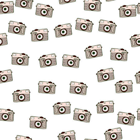 Photo camera vintage seamless pattern. Retro photo cameras design. Repeated texture in doodle style for fabric, wrapping paper, wallpaper, tissue. Vector illustration.のイラスト素材