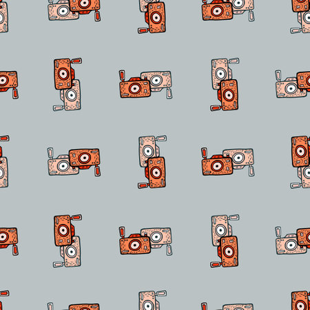 Photo camera seamless pattern. Cute vintage cameras background. Repeated texture in doodle style for fabric, wrapping paper, wallpaper, tissue. Vector illustration.のイラスト素材