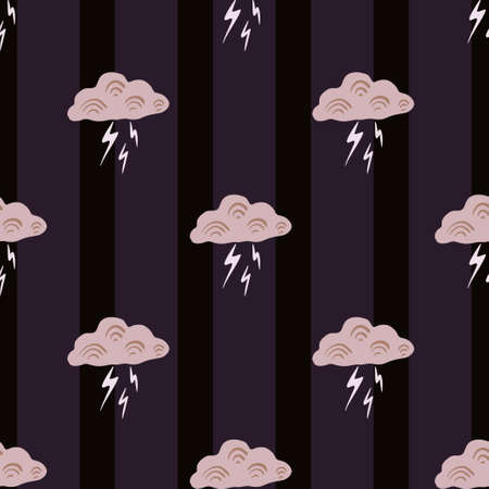 Clouds with lightning of seamless pattern. Cute hand drawn background. Repeated texture in doodle style for fabric wrapping paper, wallpaper, tissue. Vector illustration.のイラスト素材