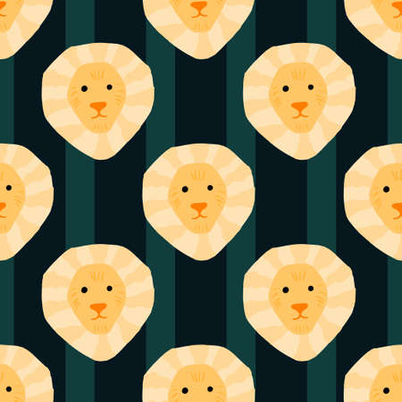 Lion pattern seamless in freehand style. Head predator on colorful background. Vector illustration for textile prints, fabric, banners, backdrops and wallpapers.のイラスト素材