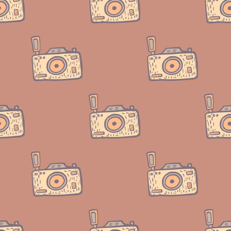 Photo camera seamless pattern. Cute vintage cameras background. Repeated texture in doodle style for fabric, wrapping paper, wallpaper, tissue. Vector illustration.のイラスト素材