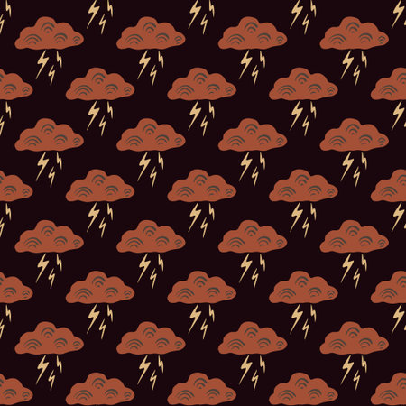 Clouds with lightning of seamless pattern. Cute hand drawn background. Repeated texture in doodle...