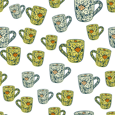 Cute mugs seamless pattern. background of tea time. Repeated texture in doodle style for fabric, wrapping paper, wallpaper, tissue. vector illustration.のイラスト素材