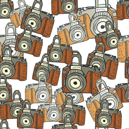 Photo camera vintage seamless pattern. Retro photo cameras design. Repeated texture in doodle style for fabric, wrapping paper, wallpaper, tissue. Vector illustration.のイラスト素材