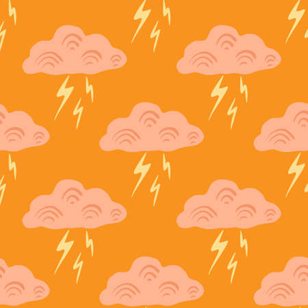 Clouds with lightning of seamless pattern. Cute hand drawn background. Repeated texture in doodle style for fabric wrapping paper, wallpaper, tissue. Vector illustration.のイラスト素材