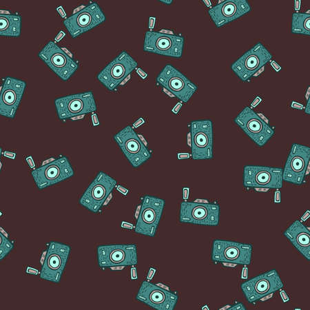 Photo camera seamless pattern. Cute vintage cameras background. Repeated texture in doodle style for fabric, wrapping paper, wallpaper, tissue. Vector illustration.のイラスト素材