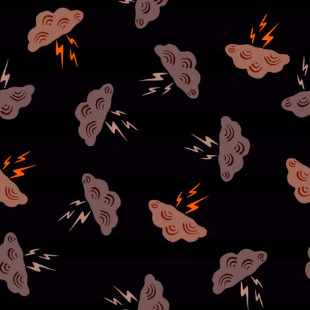 Clouds with lightning of seamless pattern. Cute hand drawn background. Repeated texture in doodle...