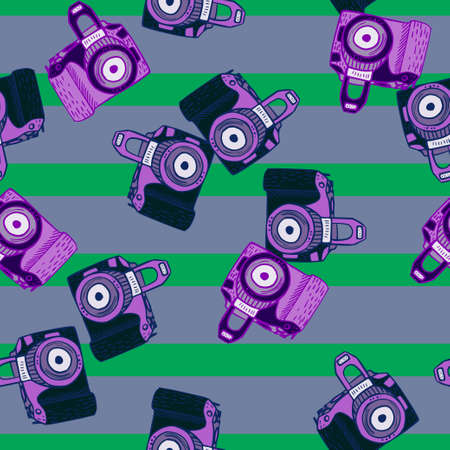 Photo camera vintage seamless pattern. Retro photo cameras design. Repeated texture in doodle style for fabric, wrapping paper, wallpaper, tissue. Vector illustration.のイラスト素材