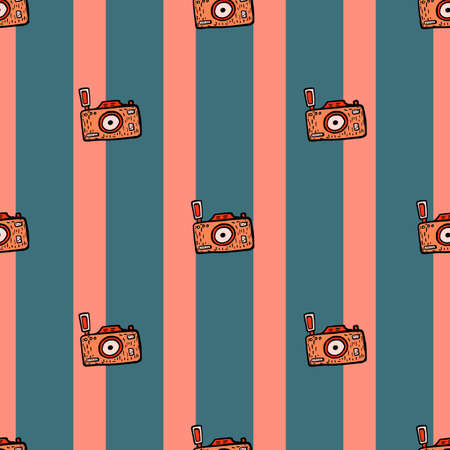 Photo camera seamless pattern. Cute vintage cameras background. Repeated texture in doodle style for fabric, wrapping paper, wallpaper, tissue. Vector illustration.のイラスト素材