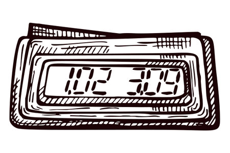 Chess clock electric sketch isolated. Retro watch for chess game in hand drawn style. Engraved design for poster, print, book illustration, logo, icon, tattoo. Vintage vector illustration.のイラスト素材