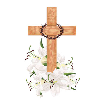 Cross with lilies isolated on white background. Religious symbols wooden cross, white lily and crown of thorns. Vector design Easter illustration, poster and greeting card.のイラスト素材