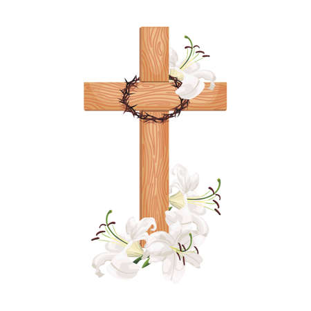 Cross with lilies isolated on white background. Religious symbols wooden cross, white lily and crown of thorns. Vector design Easter illustration, poster and greeting card.のイラスト素材
